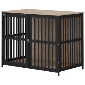 PawHut 39" Dog Crate Furniture w/ Anti-Chew Resistant Mesh, Anti-Escape Single Door, for Large Dogs, Walnut Brown