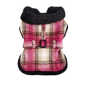 Sherpa-Lined Dog Harness Coat (Color: Hot Pink & Tan Plaid, size: 2X-Large)